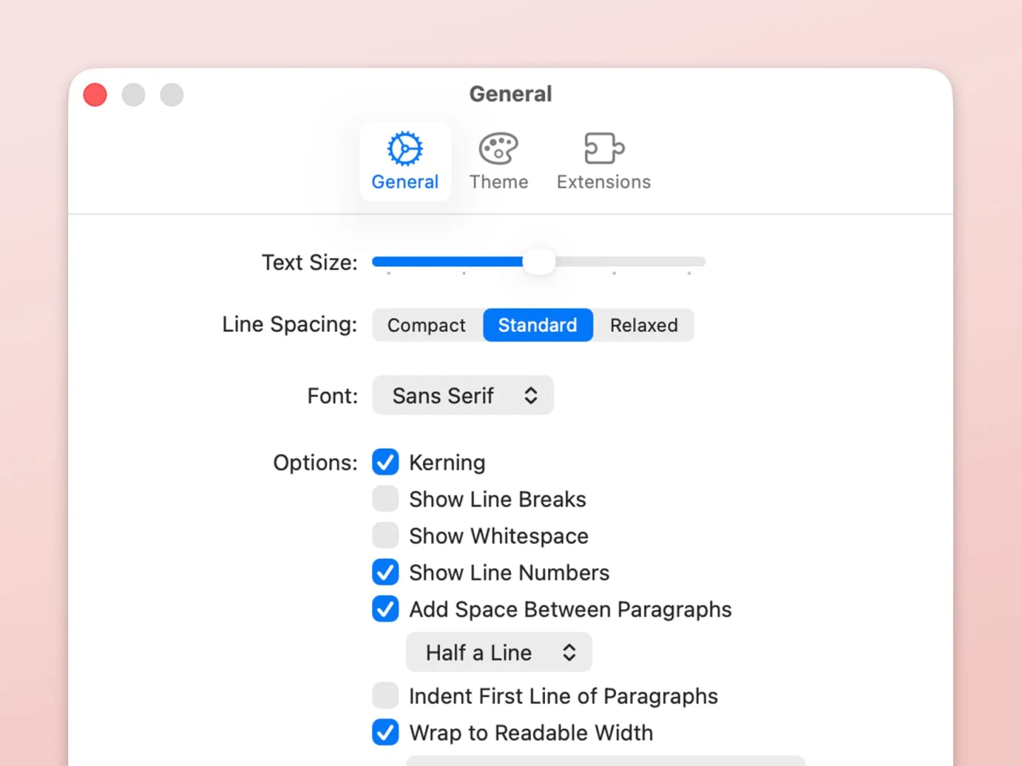 The General pane of the settings window, showing text size, line spacing, font, and options such as Show Line Numbers