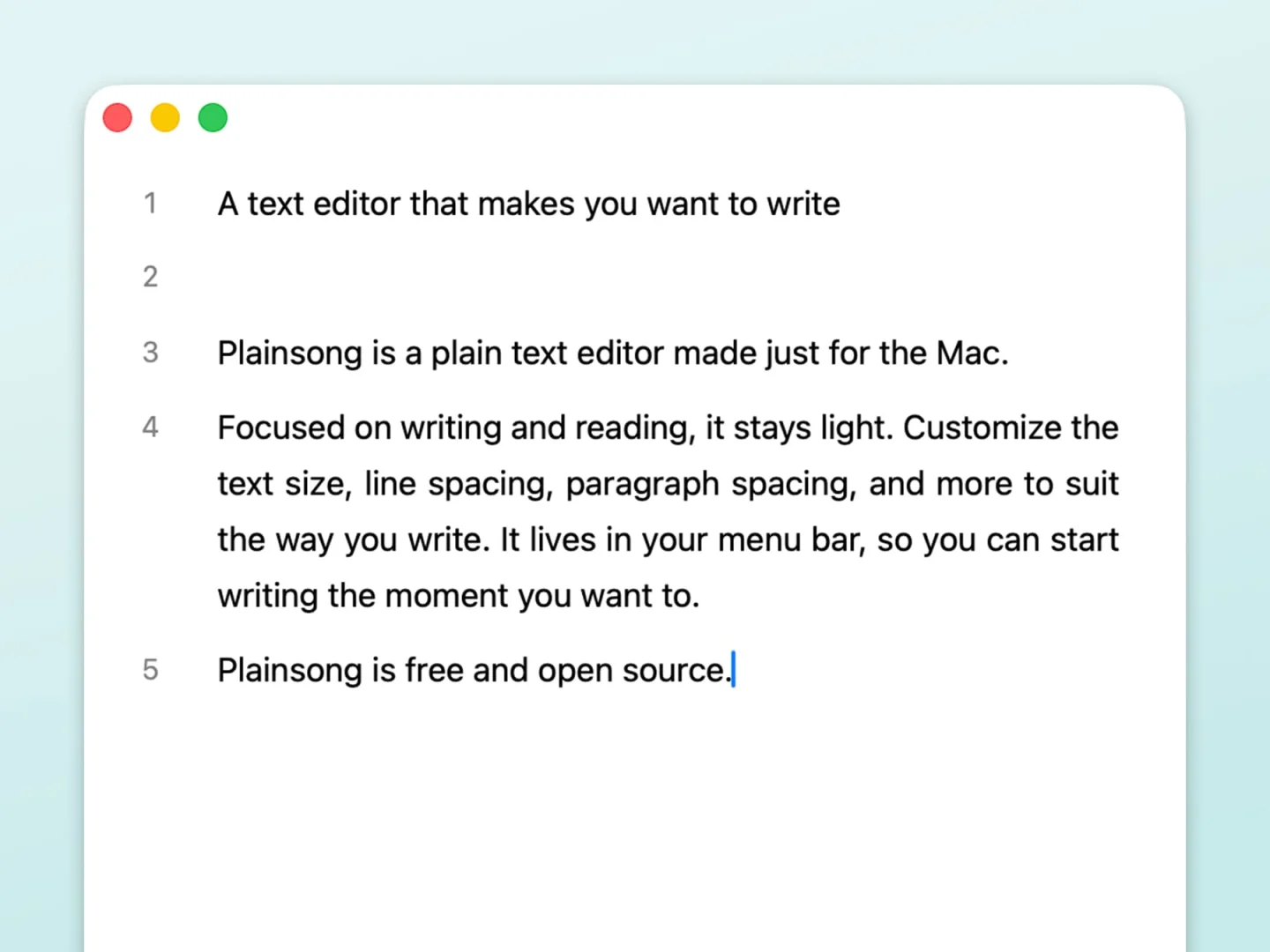 A Plainsong window with an introduction to the app written next to line numbers