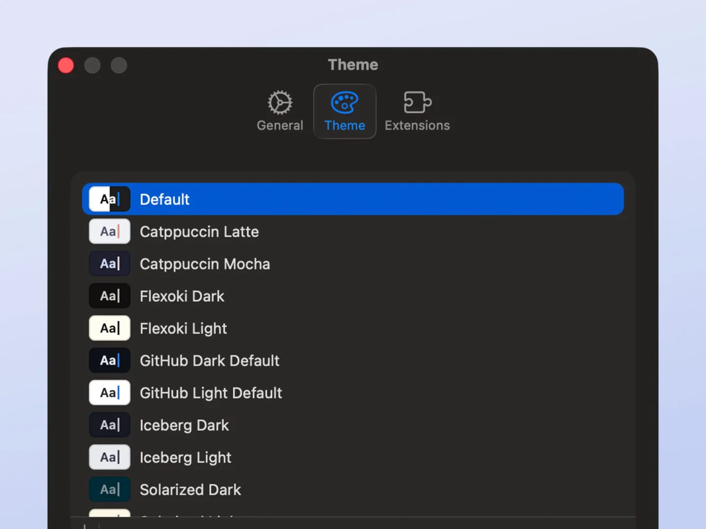 The Theme pane of the settings window in Dark Mode, listing themes such as Catppuccin, GitHub, and Iceberg