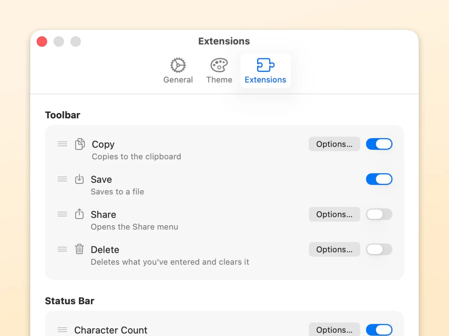 The Extensions pane of the settings window, where Copy, Save, Share, and Delete in the toolbar and Character Count in the status bar can each be turned on or off